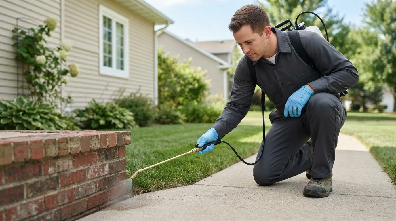 Pest control technician treating a home near Afton, OK