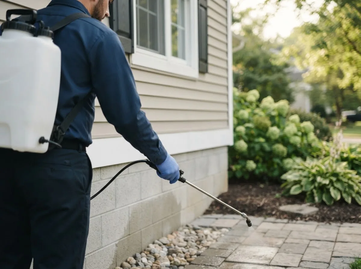 Pest control technician inspecting a home in Afton, OK